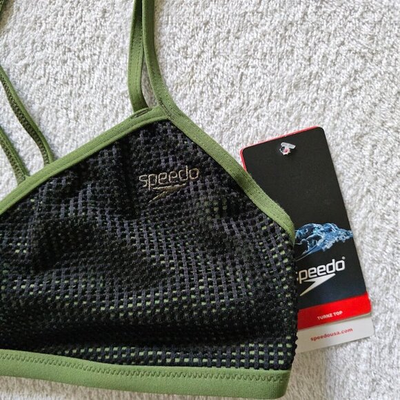 NWT SPEEDO Bikini Turnz Swim Top Swimsuit BLACK MESH CYPRESS GREEN size L Beach - Picture 3 of 7